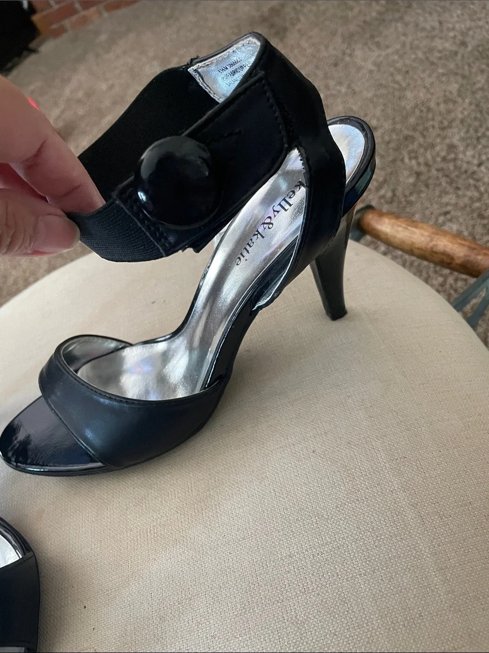 Kelly & Katie Black Open-Toe Velcro Ankle-Strap Heels with Patent Toe